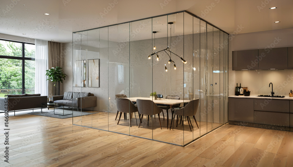 Fototapeta premium Intérieur moderne avec verrière séparant le salon de la cuisine