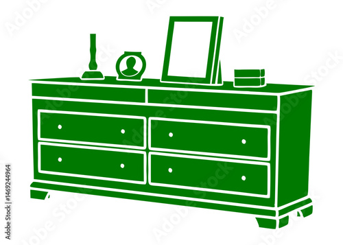 Green outline illustration of a dresser with decorative elements on a white background