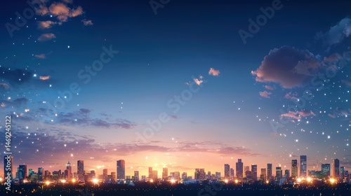 A city skyline with glowing lights emerging as the sky turns dark at dusk, with a few clouds scattered in the sky.