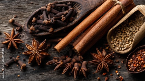 Autumn Spices Including Cloves, Cinnamon, and Star Anise Arranged Beautifully in a Flatlay on a Rustic Wooden Surface Generative AI