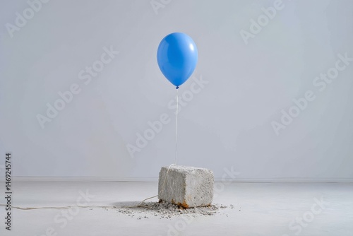 Blue balloon floats above a concrete block on a minimalistic background, symbolizing contrast between lightness and heaviness in a creative artistic composition