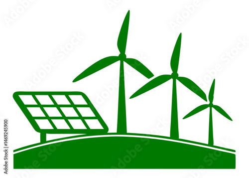 Renewable energy sources illustration of solar panels and wind turbines