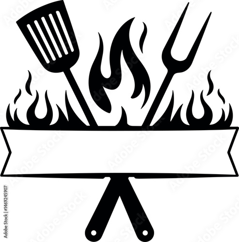 A black and white logo design featuring crossed barbecue utensils - a spatula and fork - against a white background. 