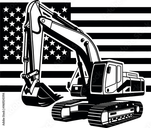 A black and white illustration of a hydraulic excavator against the backdrop of an American flag. Construction excavator silhouette vector illustration isolated on a white background.