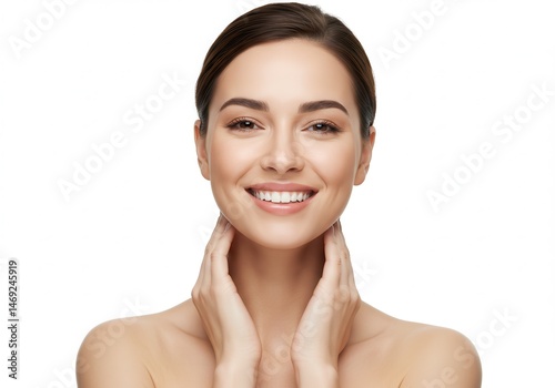 Smiling woman with hands on neck against white background, close-up