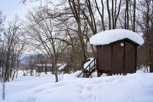 Snowy winter season with snowfall and cabin in furano sapporo japan, Winter travel season.