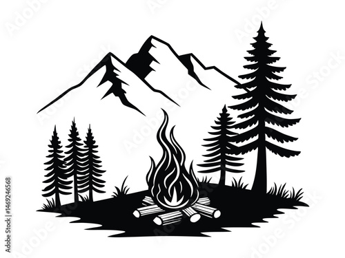 Fire Camp Illustration Clip Art Design Shape. Outdoor Adventure Silhouette Icon Vector