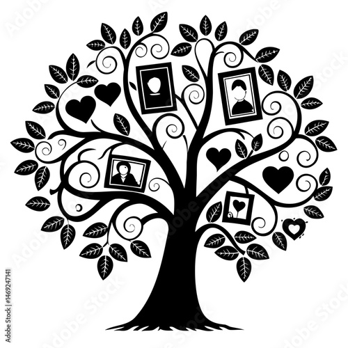 Cute black silhouette of family tree with heart on transparent background