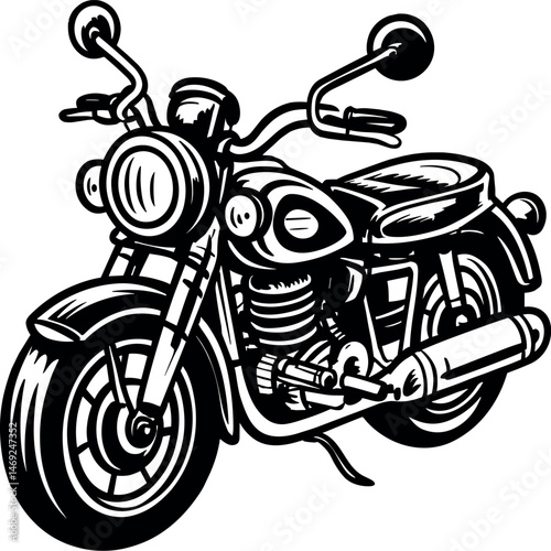 A black and white illustration of a classic motorcycle in a woodcut print style. The motorcycle is drawn with bold, clean lines and strong contrast between black and white areas.