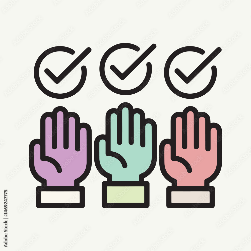 Fototapeta premium Unity in Decision: Raised Hands with Check Marks Icon vector