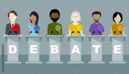 Diverse group of politicians partaking in a political debate. Editable vector available.