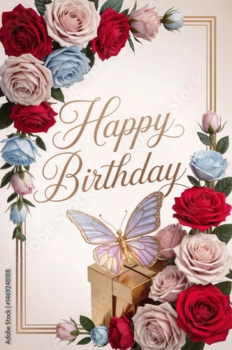 Greeting card with colourful flowers, gift and butterfly. 