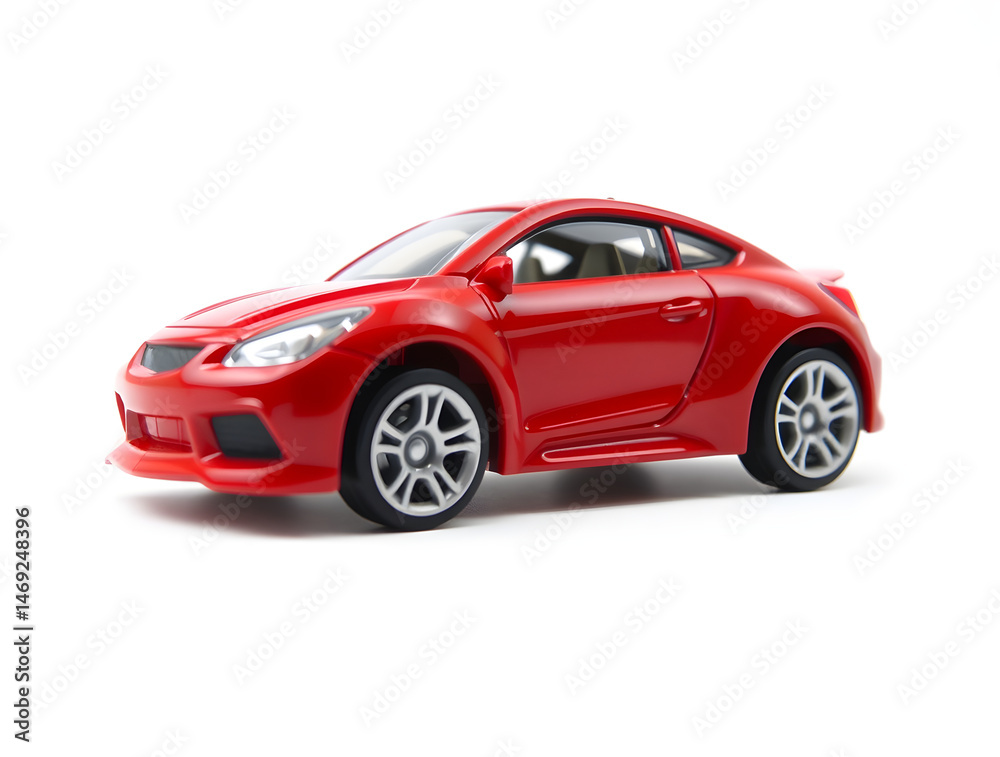Red toy car isolated on white background representing speed and luxury Red toy car isolated on white background representing speed and luxury