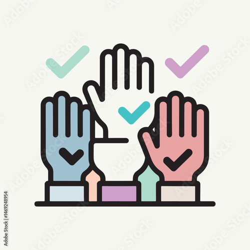 Unity in Decision: Raised Hands with Check Marks Icon vector