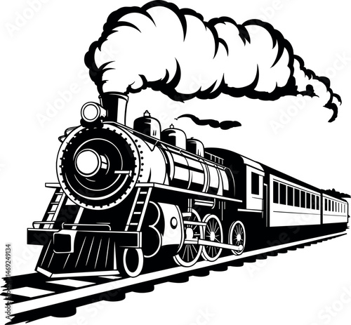 A black and white vintage-style illustration of a classic steam locomotive pulling passenger cars. Moving retro steam locomotive.