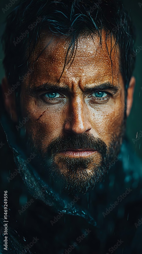 Intense portrait of a rugged man with piercing blue eyes, wet hair, and a weathered expression, conveying strength and resilience. Intense portrait of a rugged man with piercing blue eyes, wet hair, and a weathered expression, conveying strength and resilience.