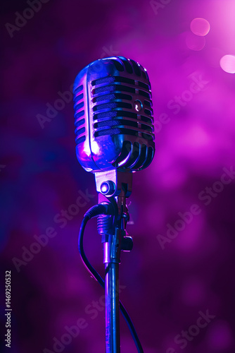 close-up of a microphone on a purple background