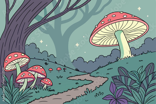 68 whimsical glowing fantasy mushroom landscape, digital art, highly detailed, vibrant colors, magical woodland, dreamlike, ethereal, 8k, octane render