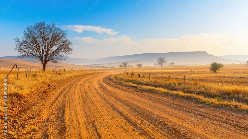 Fototapeta premium A dusty dirt road texture with tire tracks visible under the hot sun, providing a rural and adventurous backdrop.