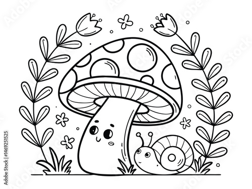 Doodle coloring book page snail on mushroom. Antistress for adults
