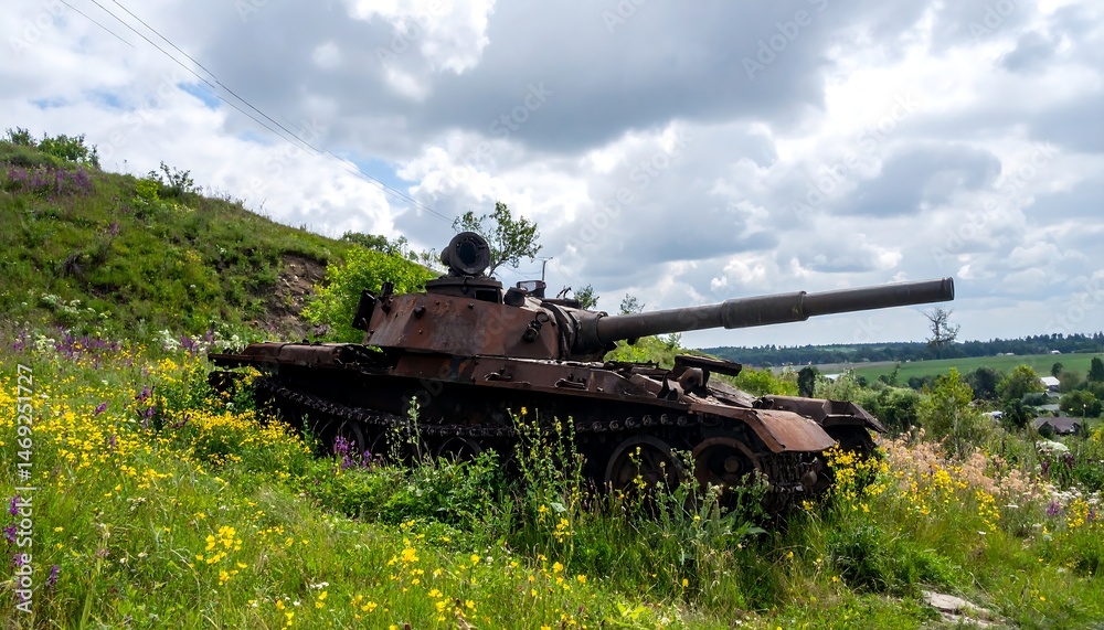 Fototapeta premium Rusty Tank on Wildflower Hillside Under Cloudy Sky