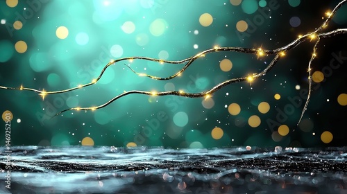 Abstract Gold Vines and Teal Bokeh Lights on Dark Textured Surface