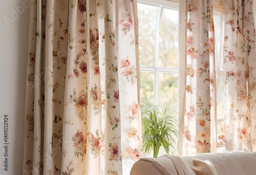 Floral-patterned curtains in a cozy living room, creating a warm, soft, and inviting atmosphere.
