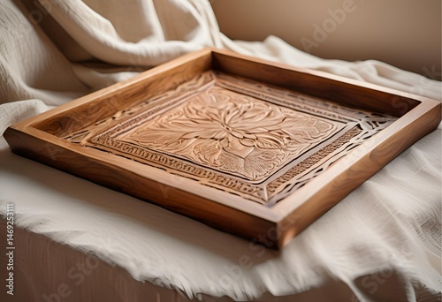 Beautifully hand-carved tray crafted from genuine solid hardwood, showcasing intricate patterns and natural texture.

