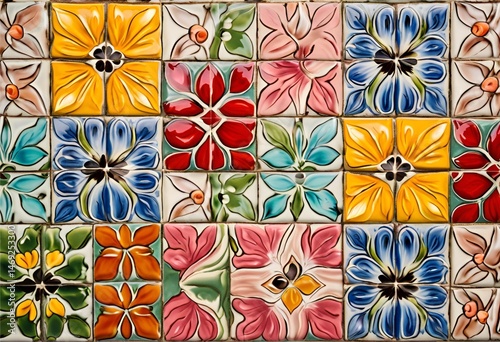 Low-relief floral tiles glazed in bright, multicolored finishes add charm, texture, and artistic decorative flair.
