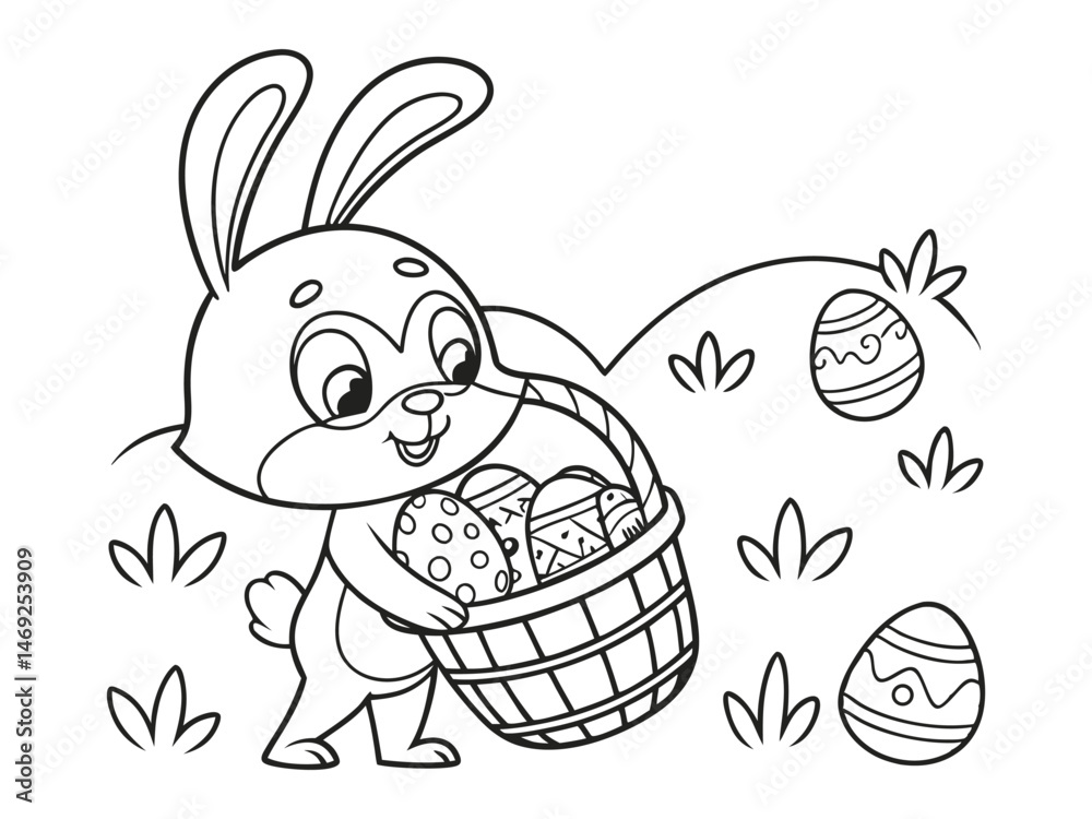 Doodle coloring book page easter bunny in bucket with easter eggs. black and white Doodle coloring book page easter bunny in bucket with easter eggs. black and white