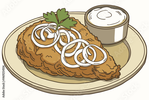 70 ceramic plate, golden-brown fried chicken, white onion slices, parsley sprig, creamy white sauce in bowl, crispy textured surface, warm appetizing colors, detailed food illustration