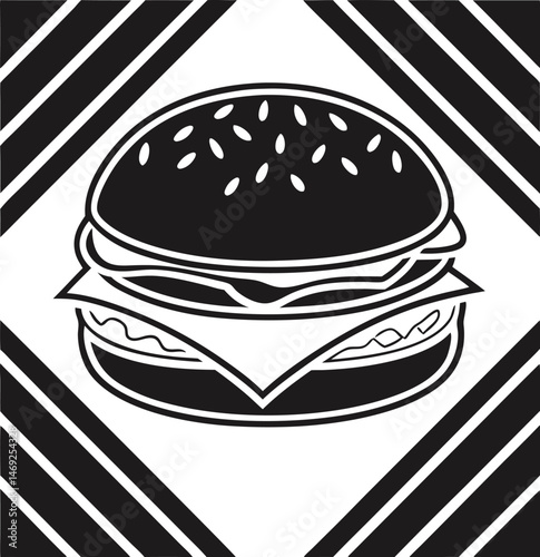 Black and White Burger Icon with Geometric Border - Fast Food Design
