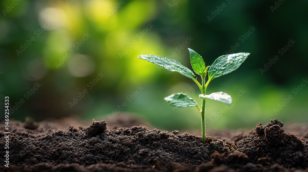 Fototapeta premium Young Plant Growing on Dry Soil with Green Background and Light
