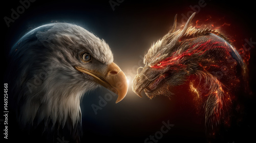 American eagle and Chinese dragon confront each other over a glowing Earth, symbolizing global rivalry and geopolitical tension in dark atmosphere