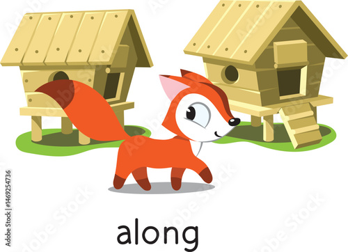 Preposition. Fox goes ALONG the henhouses