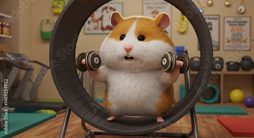 Adorable Hamster Gymnast: A 3D Render of a Fluffy Hamster Working Out in a Home Gym