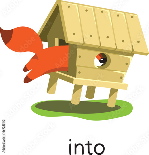 Preposition. Fox goes INTO the henhouse