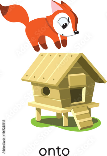 Preposition. Fox jumping ONTO the henhouse