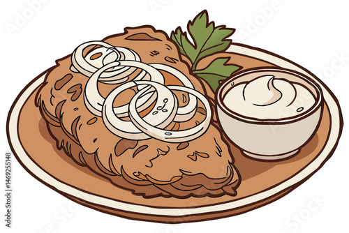 70 ceramic plate, golden-brown fried chicken, white onion slices, parsley sprig, creamy white sauce in bowl, crispy textured surface, warm appetizing colors, detailed food illustration