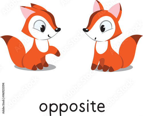 Preposition. Foxes are OPPOSITE each other