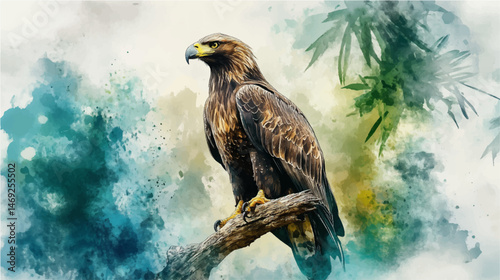 Vector illustration of a Galapagos hawk perched on a tree branch. Watercolor paint