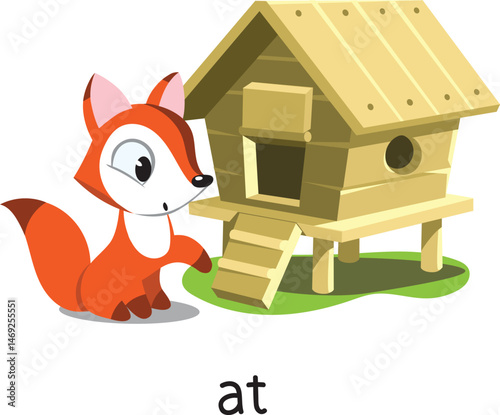 Preposition of place. Fox AT the henhouse