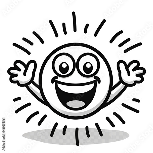 Joyful Radiance: A cheerful cartoon sun bursts with boundless happiness and positivity, radiating energy and warmth with a wide smile and open arms.