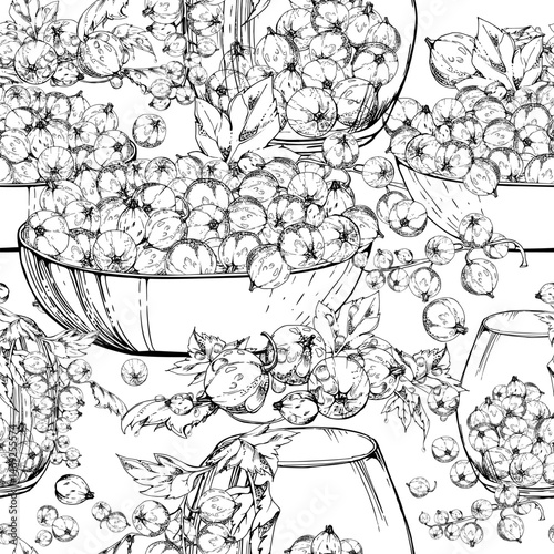 Currant gooseberry with leaves in glass bowls, hand drawn in vector ink, scattered ripe picked berry harvest juneberry casseille jostaberry. Isolated seamless pattern. Scrapbooking, washi tape, cover