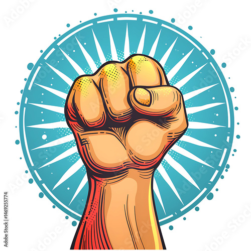 Symbol of Unity and Strength: An illustration of a clenched fist raised in defiance, symbolizing unity and strength with bold graphic design and a radiant circular backdrop.