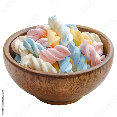Colorful Marshmallow Twists in Wooden Bowl: A bowl brimming with colorful marshmallow twists, each one a delightful swirl of pastel hues.