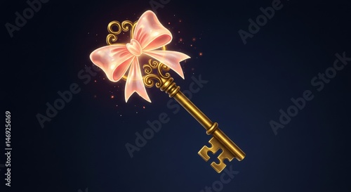 Glowing antique key with a delicate pink ribbon.