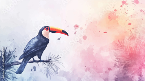Toucan in watercolor: bright toucan sitting on a branch with leaves, vector illustration.