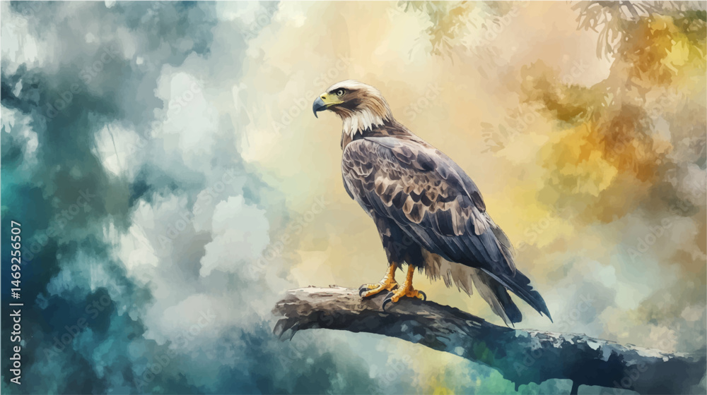 Fototapeta premium Vector illustration of a Galapagos hawk perched on a tree branch. Watercolor paint