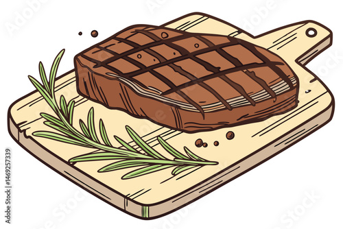 72 juicy steak, grilled meat, seared beef, rosemary garnish, food photography, detailed realistic, digital painting, 8k